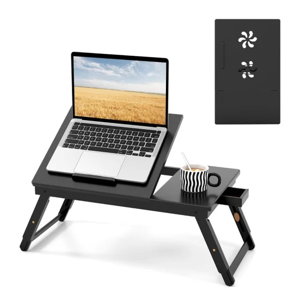 Plateau de Lit Inclinable Réglable en Bambou Plateau et Tiroir Inclinables à 4 Niveaux Support Pliable pour Ordinateur Portable Marron