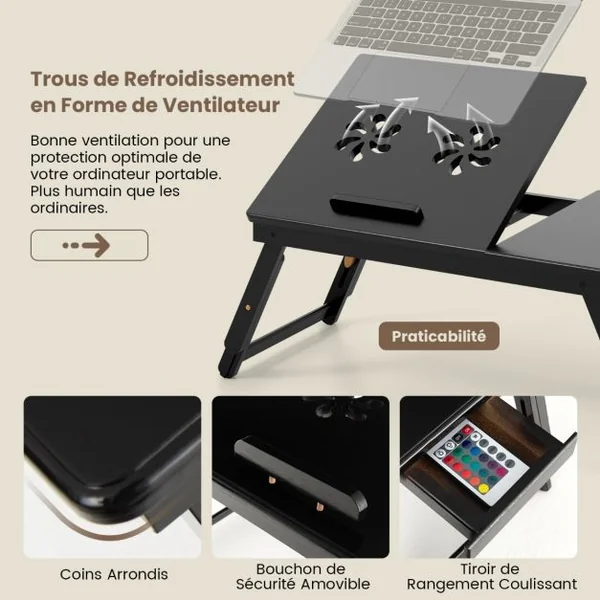 Plateau de Lit Inclinable Réglable en Bambou Plateau et Tiroir Inclinables à 4 Niveaux Support Pliable pour Ordinateur Portable Marron