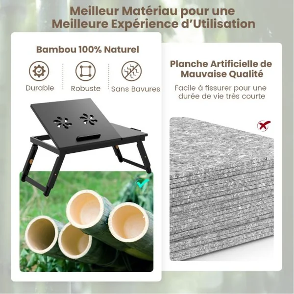 Plateau de Lit Inclinable Réglable en Bambou Plateau et Tiroir Inclinables à 4 Niveaux Support Pliable pour Ordinateur Portable Marron