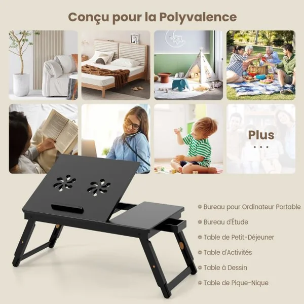 Plateau de Lit Inclinable Réglable en Bambou Plateau et Tiroir Inclinables à 4 Niveaux Support Pliable pour Ordinateur Portable Marron
