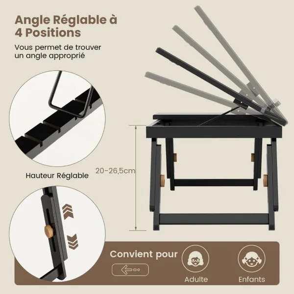 Plateau de Lit Inclinable Réglable en Bambou Plateau et Tiroir Inclinables à 4 Niveaux Support Pliable pour Ordinateur Portable Marron