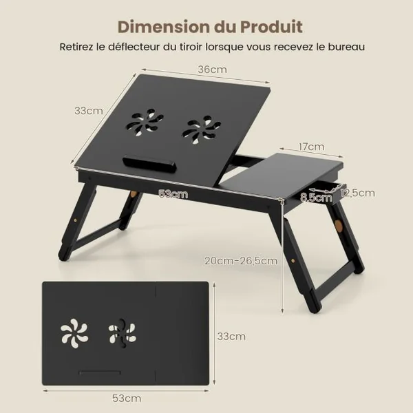 Plateau de Lit Inclinable Réglable en Bambou Plateau et Tiroir Inclinables à 4 Niveaux Support Pliable pour Ordinateur Portable Marron