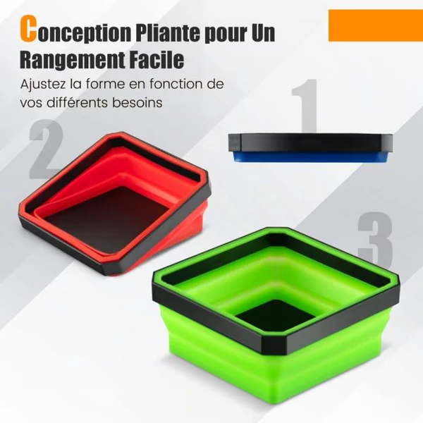 Plateaux Magnétiques Pliables Lot de 4 pour Pièces Métalliques Bols en Silicone de Rangement pour Vis Boulons Écrous Carré de 11,5 cm Rouge Bleu Orange et Vert