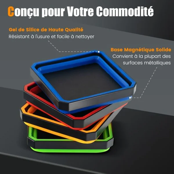 Plateaux Magnétiques Pliables Lot de 4 pour Pièces Métalliques Bols en Silicone de Rangement pour Vis Boulons Écrous Carré de 11,5 cm Rouge Bleu Orange et Vert