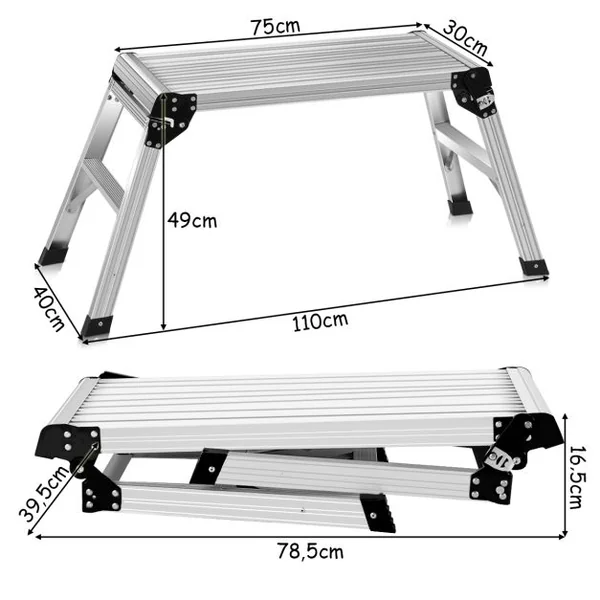 Plate-forme de Travail Pliable en Aluminium Escabeau Portable avec Capacité de 150 kg Échelle Pliante 110,5 x 40,5 cm Argent