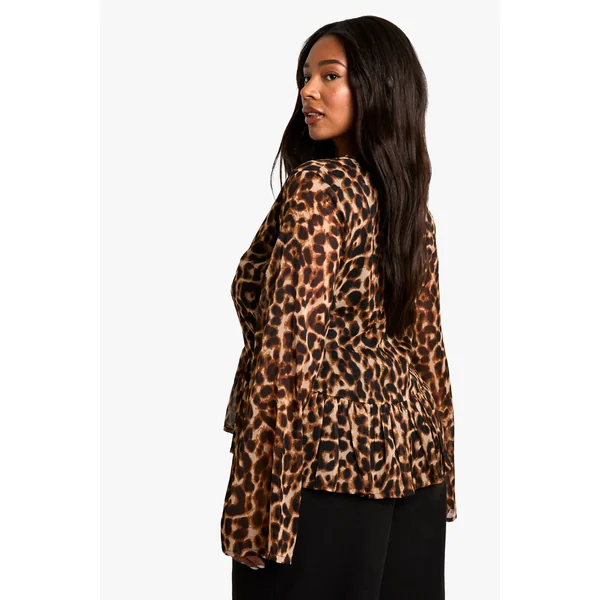 plus leopard tie front ruffle blouse