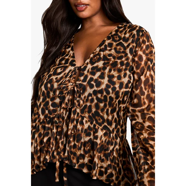 plus leopard tie front ruffle blouse