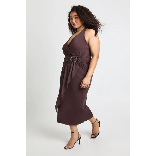 Plus Robe Midaxi Froncée à Col Licou et Finitions Dorées
