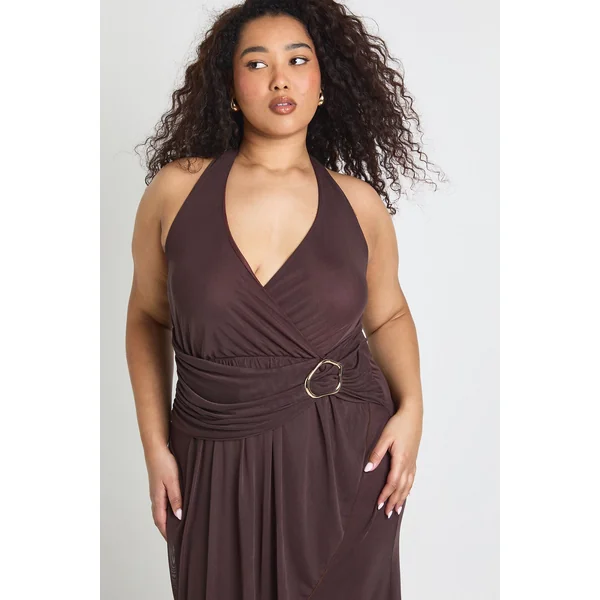 Plus Robe Midaxi Froncée à Col Licou et Finitions Dorées