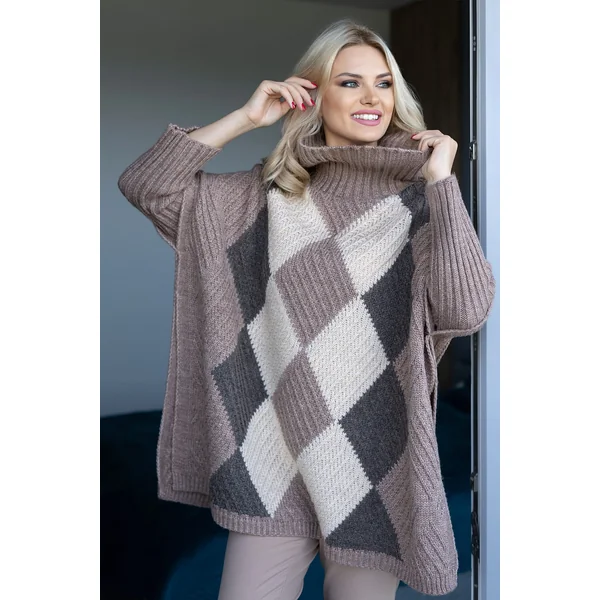 Poncho de grossesse en laine - Marron/Ecru/Vert