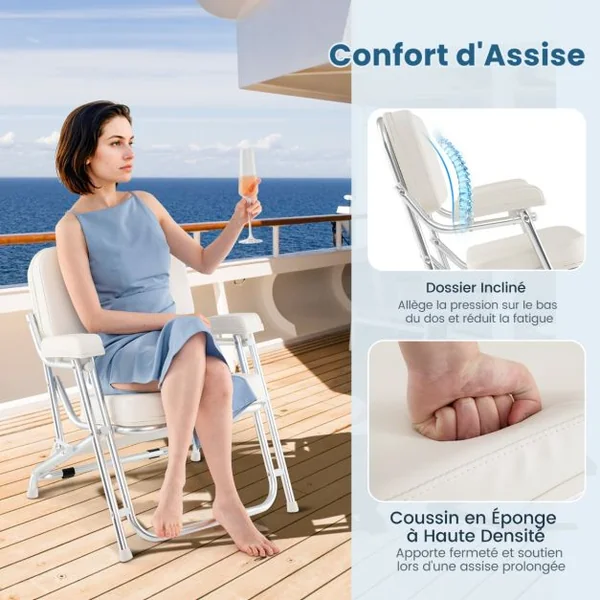 Pont de Bateau Portable Chaise de Plage en Aluminium avec Siège Rembourré Accoudoirs Patins Antidérapants Chaise de Camping avec Rembourrage