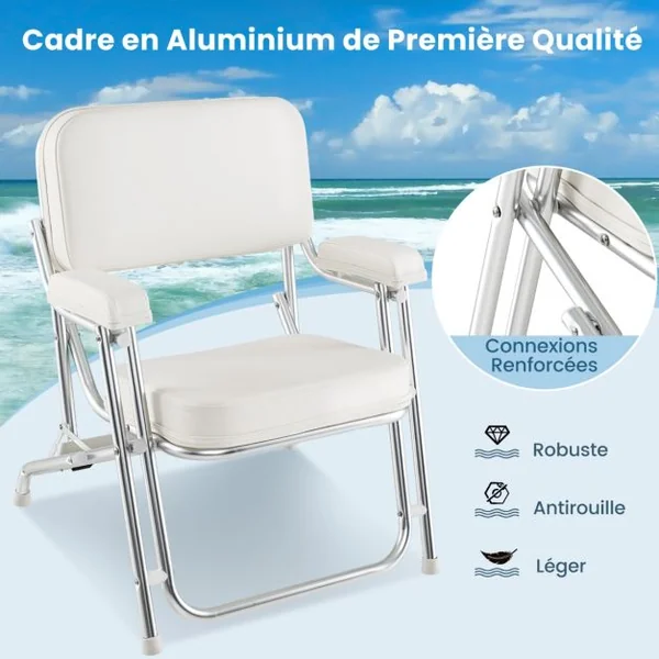 Pont de Bateau Portable Chaise de Plage en Aluminium avec Siège Rembourré Accoudoirs Patins Antidérapants Chaise de Camping avec Rembourrage