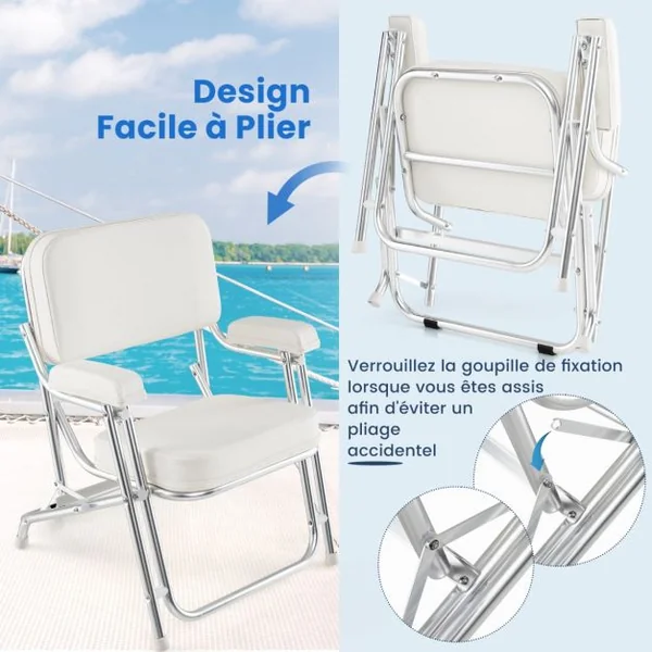 Pont de Bateau Portable Chaise de Plage en Aluminium avec Siège Rembourré Accoudoirs Patins Antidérapants Chaise de Camping avec Rembourrage