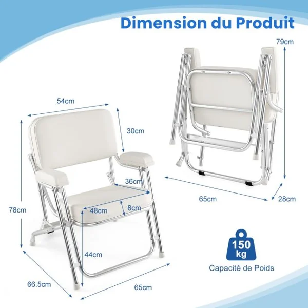 Pont de Bateau Portable Chaise de Plage en Aluminium avec Siège Rembourré Accoudoirs Patins Antidérapants Chaise de Camping avec Rembourrage