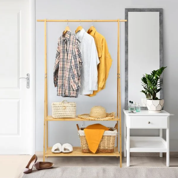 Portant à Vetement en Bambou Penderie Vetement Tringle 101cm 2 Étagères Porte Vetement Solide pour Chambre Naturel