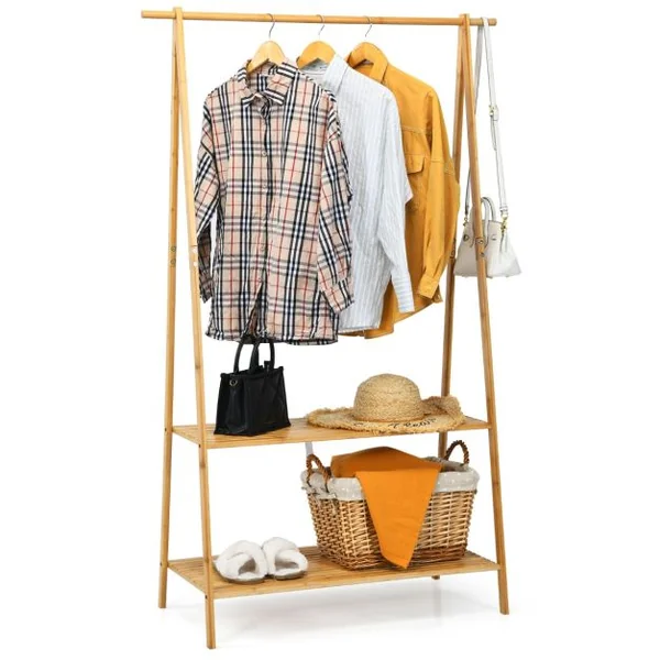 Portant à Vetement en Bambou Penderie Vetement Tringle 101cm 2 Étagères Porte Vetement Solide pour Chambre Naturel