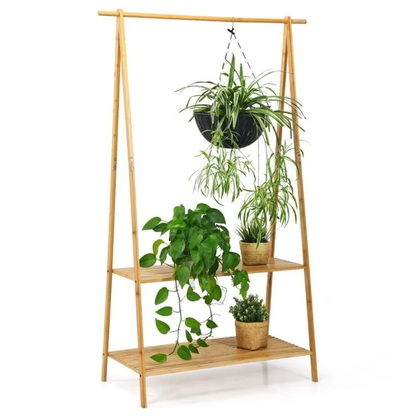 Portant à Vetement en Bambou Penderie Vetement Tringle 101cm 2 Étagères Porte Vetement Solide pour Chambre Naturel
