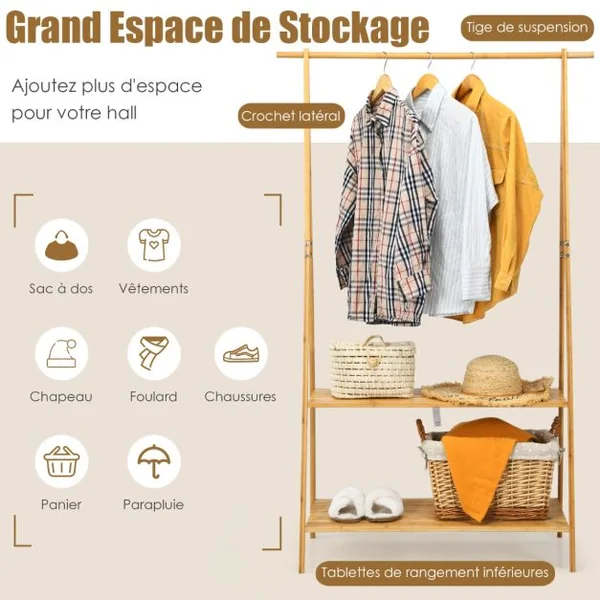 Portant à Vetement en Bambou Penderie Vetement Tringle 101cm 2 Étagères Porte Vetement Solide pour Chambre Naturel