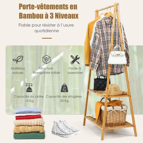 Portant à Vetement en Bambou Penderie Vetement Tringle 101cm 2 Étagères Porte Vetement Solide pour Chambre Naturel