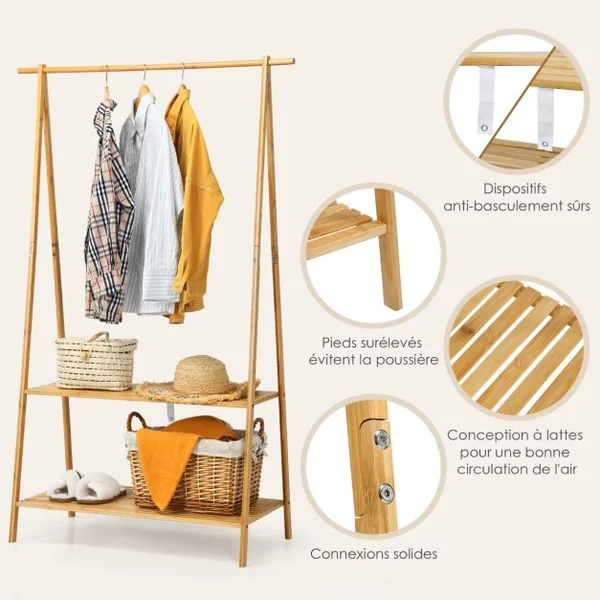 Portant à Vetement en Bambou Penderie Vetement Tringle 101cm 2 Étagères Porte Vetement Solide pour Chambre Naturel