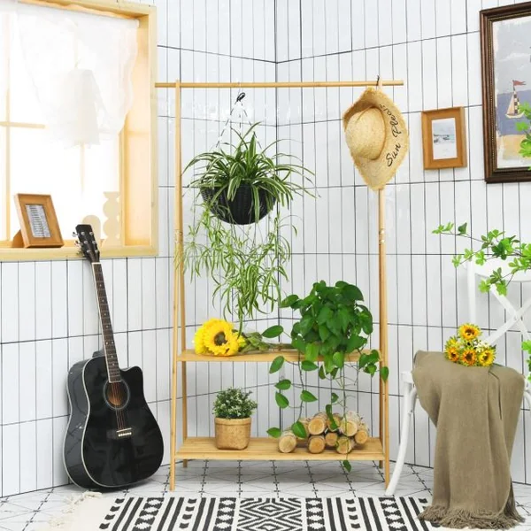 Portant à Vetement en Bambou Penderie Vetement Tringle 101cm 2 Étagères Porte Vetement Solide pour Chambre Naturel