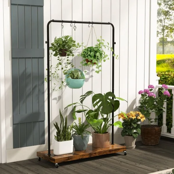 Portant à Vetement à Roulettes Penderie Vetement Tringle 85 Cm 5 Crochets pour Chambre Buanderie Style Industriel Marron Rustique