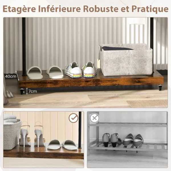 Portant à Vetement à Roulettes Penderie Vetement Tringle 85 Cm 5 Crochets pour Chambre Buanderie Style Industriel Marron Rustique