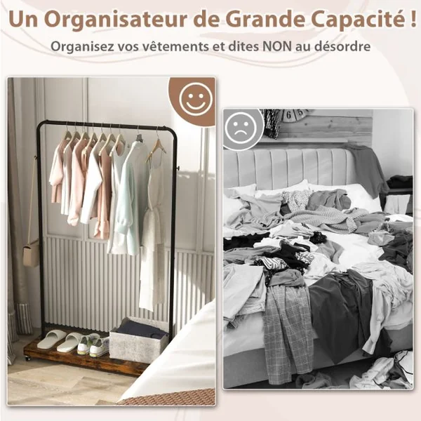 Portant à Vetement à Roulettes Penderie Vetement Tringle 85 Cm 5 Crochets pour Chambre Buanderie Style Industriel Marron Rustique