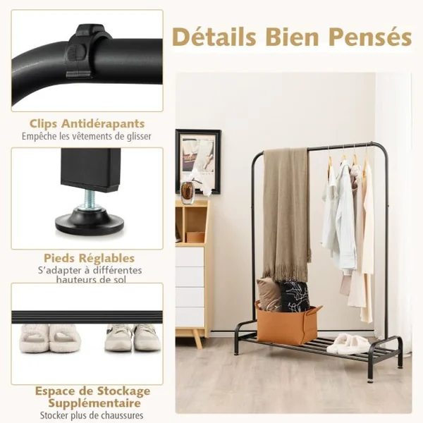 Portant à Vêtement avec Étagère de Chaussures Penderie Vêtement Hauteur 145CM Tube en Fer 4 Pieds Réglables Noir