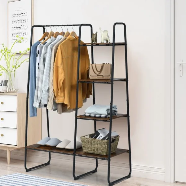 Portant à Vêtements avec 4 Etagères Cadre en Acier Style industriel Marron Rustique