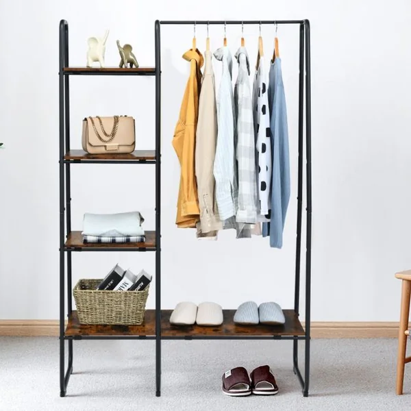 Portant à Vêtements avec 4 Etagères Cadre en Acier Style industriel Marron Rustique