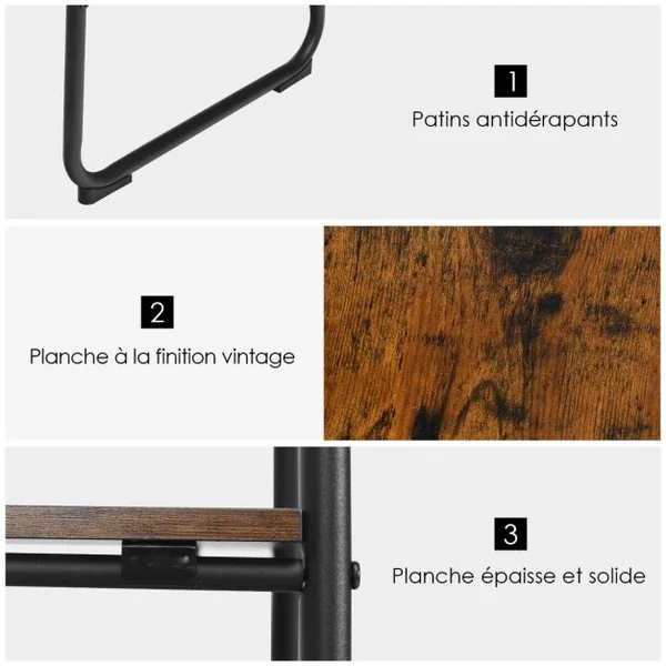 Portant à Vêtements avec 4 Etagères Cadre en Acier Style industriel Marron Rustique