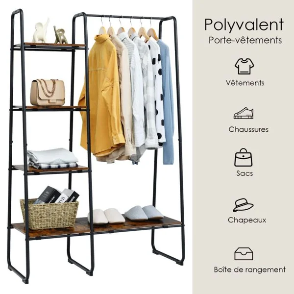 Portant à Vêtements avec 4 Etagères Cadre en Acier Style industriel Marron Rustique