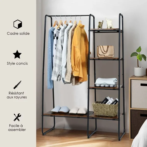 Portant à Vêtements avec 4 Etagères Cadre en Acier Style industriel Marron Rustique