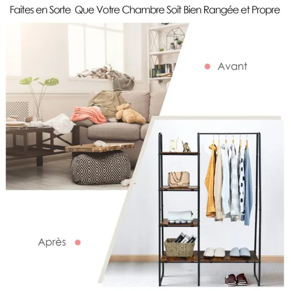 Portant à Vêtements avec 4 Etagères Cadre en Acier Style industriel Marron Rustique