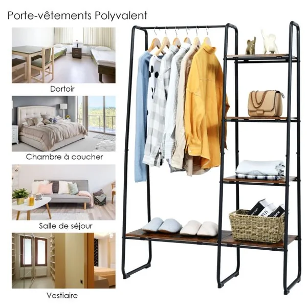 Portant à Vêtements avec 4 Etagères Cadre en Acier Style industriel Marron Rustique