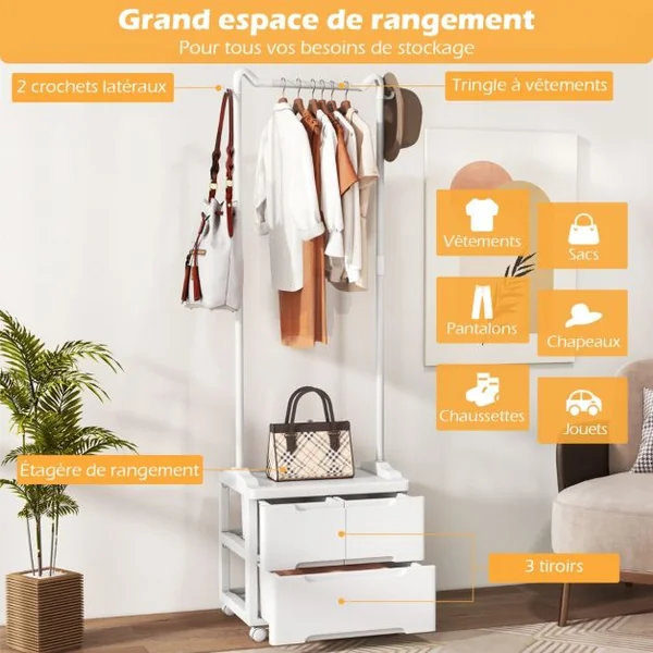 Portant à Vêtements avec Tiroirs Portant à Vêtements Roulant Crochets Latéraux Tige de Suspension 4 Roues dont 2 avec Freins Blanc