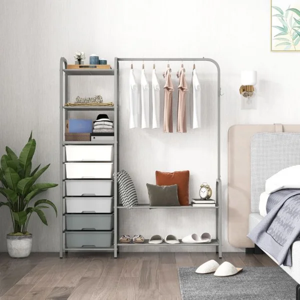 Portant à Vêtements en Métal avec 6 Tiroirs Amovibles et Porte-chaussures Porte-manteau avec Crochet pour Chambre Entrée