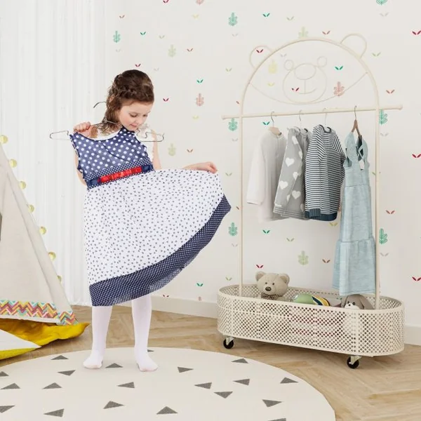 Portant à Vêtements pour Enfant avec 3 Hauteurs Réglables Portant à Vêtements sur Roulettes Portant avec Panier de Rangement Inférieur Blanc