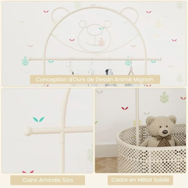 Portant à Vêtements pour Enfant avec 3 Hauteurs Réglables Portant à Vêtements sur Roulettes Portant avec Panier de Rangement Inférieur Blanc