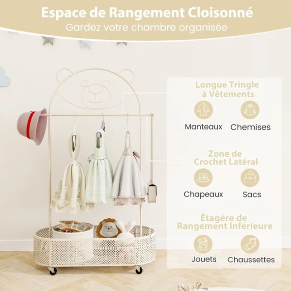 Portant à Vêtements pour Enfant avec 3 Hauteurs Réglables Portant à Vêtements sur Roulettes Portant avec Panier de Rangement Inférieur Blanc