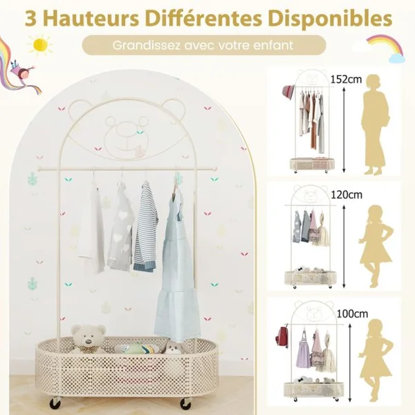 Portant à Vêtements pour Enfant avec 3 Hauteurs Réglables Portant à Vêtements sur Roulettes Portant avec Panier de Rangement Inférieur Blanc