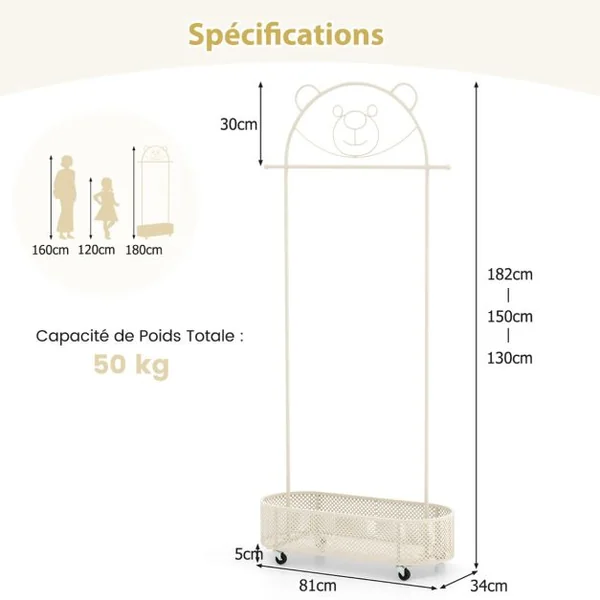 Portant à Vêtements pour Enfant avec 3 Hauteurs Réglables Portant à Vêtements sur Roulettes Portant avec Panier de Rangement Inférieur Blanc