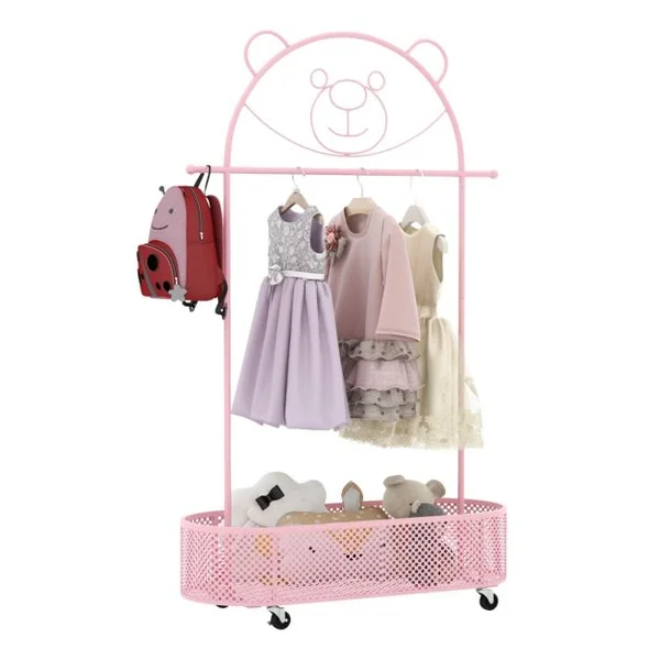 Portant à Vêtements pour Enfant avec 3 Hauteurs Réglables Portant à Vêtements sur Roulettes Portant avec Panier de Rangement Inférieur Rose