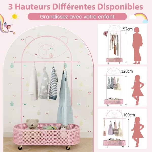 Portant à Vêtements pour Enfant avec 3 Hauteurs Réglables Portant à Vêtements sur Roulettes Portant avec Panier de Rangement Inférieur Rose