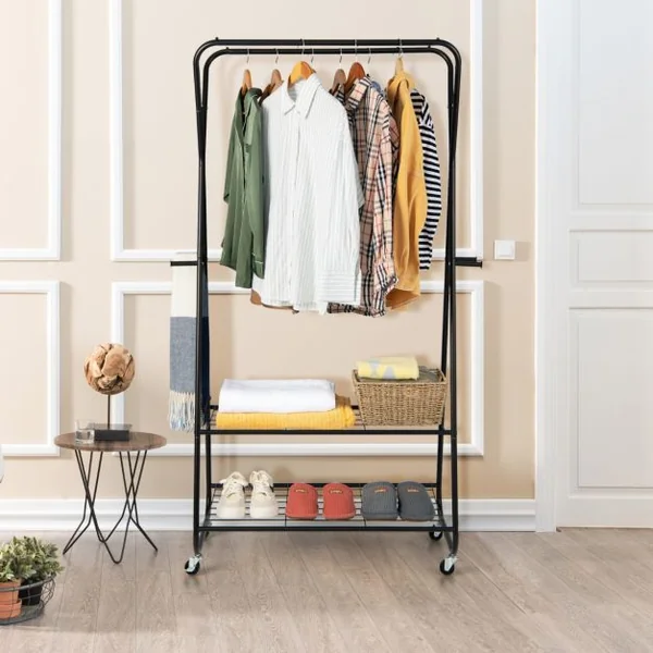 Portant à vêtements sur Roulettes à 2 Etagères, Porte Manteaux , Penderie Charge max. 30 kg Noir