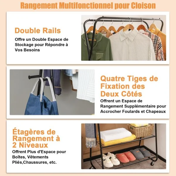 Portant à vêtements sur Roulettes à 2 Etagères, Porte Manteaux , Penderie Charge max. 30 kg Noir
