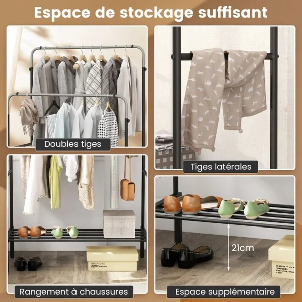 Portant à Vêtements à Double Barre Réglable en Hauteur Portant à Vêtements Métallique Robuste pour Suspendre Les Vêtements Organisateur de Vêtements Noir et Argent