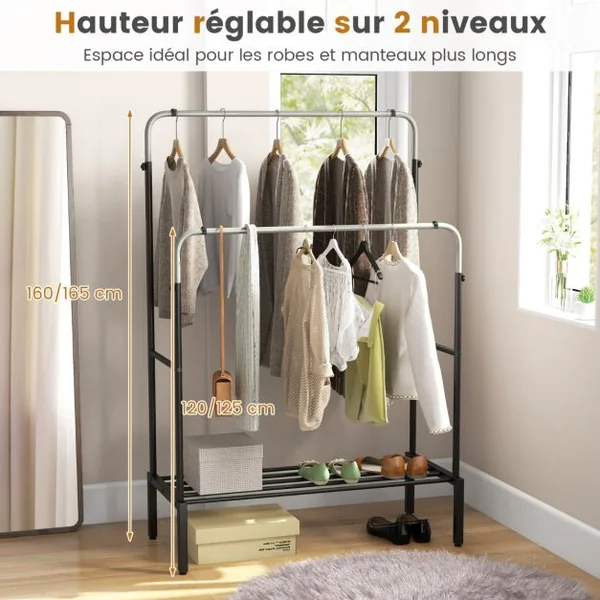 Portant à Vêtements à Double Barre Réglable en Hauteur Portant à Vêtements Métallique Robuste pour Suspendre Les Vêtements Organisateur de Vêtements Noir et Argent
