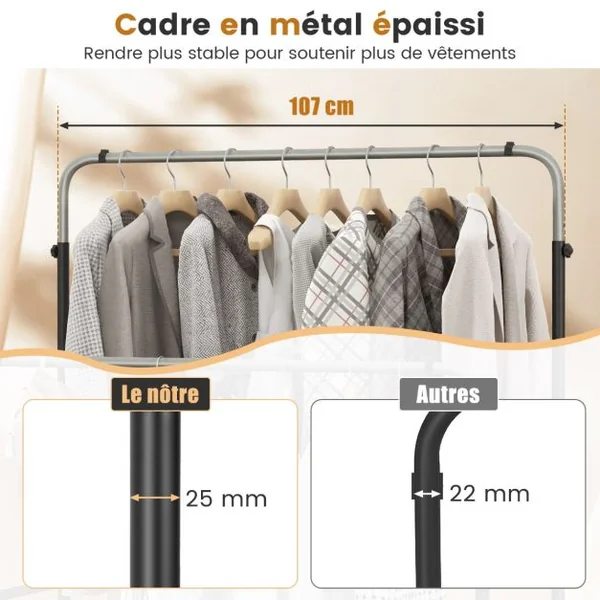 Portant à Vêtements à Double Barre Réglable en Hauteur Portant à Vêtements Métallique Robuste pour Suspendre Les Vêtements Organisateur de Vêtements Noir et Argent